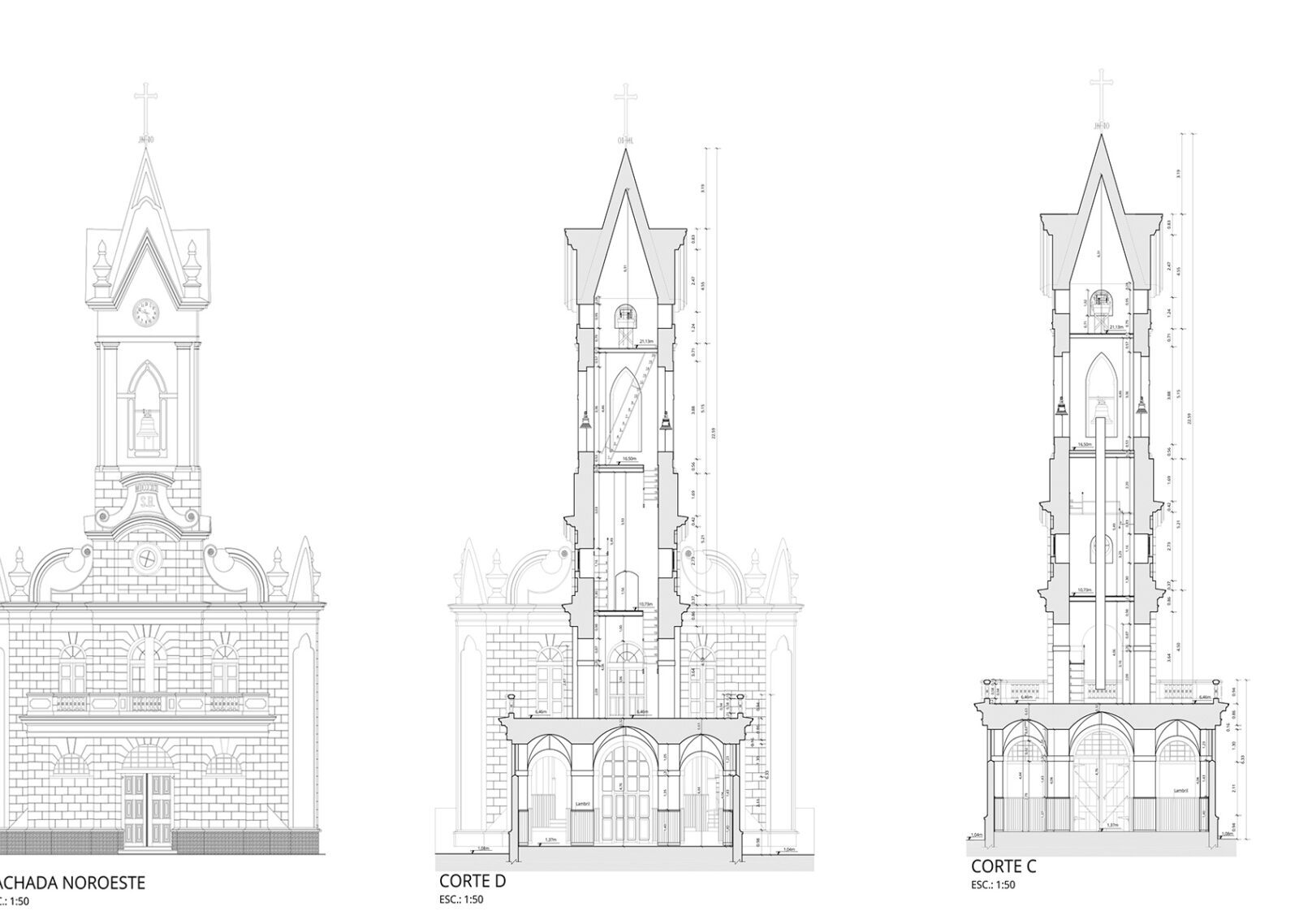 Conjunto de Desenhos técnicos da torre da igreja, parte projeto de restauro da igreja são benedito realizados pela LARGO Arquitetura